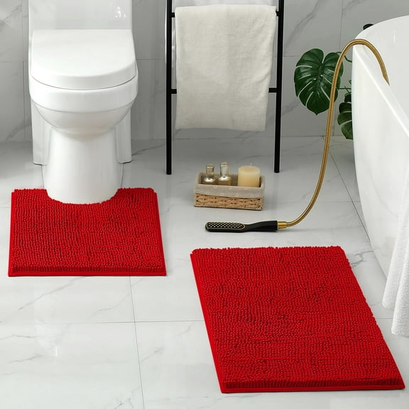 2 Pieces Bathroom Rugs, Ultra Soft Non Slip Absorbent Chenille Toilet Bath Mat Set (Red)