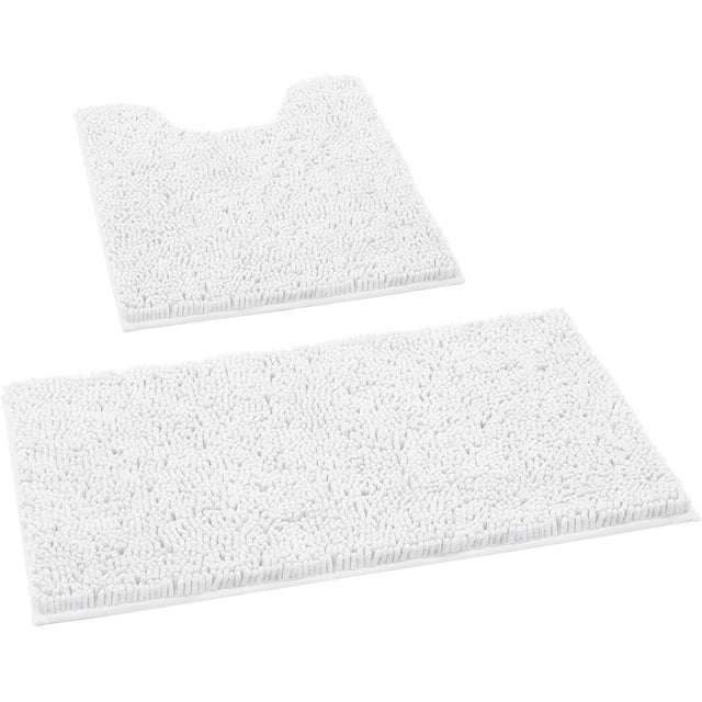 2 Pieces Bathroom Rugs, Ultra Soft Non Slip Absorbent Chenille Toilet Bath Mat Set (White)