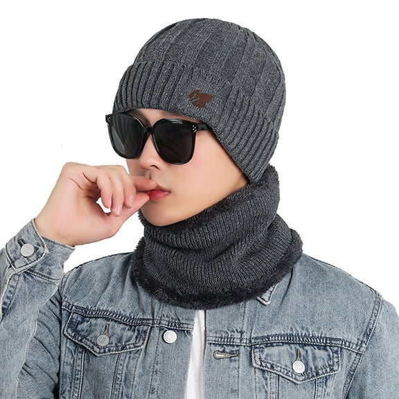 2-Pieces Beanie Hat Scarf Set Chunky Thick Fleece Lined Cap Men Winter Warm Knit Skull Hats with Scarf