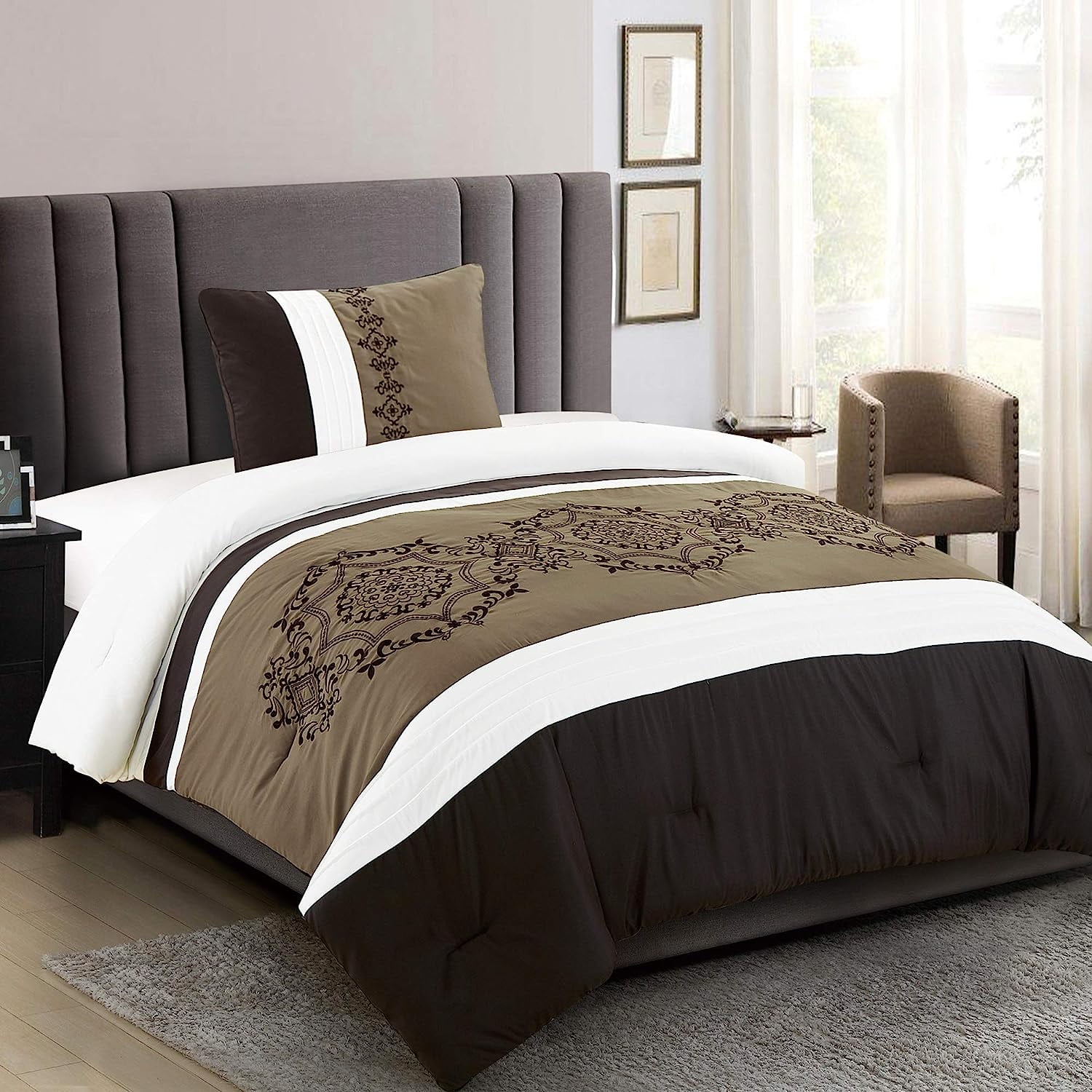 2 Pieces Bedding Ensemble Brown Taupe Victorian Print Luxury Embroidery Comforter Set Size