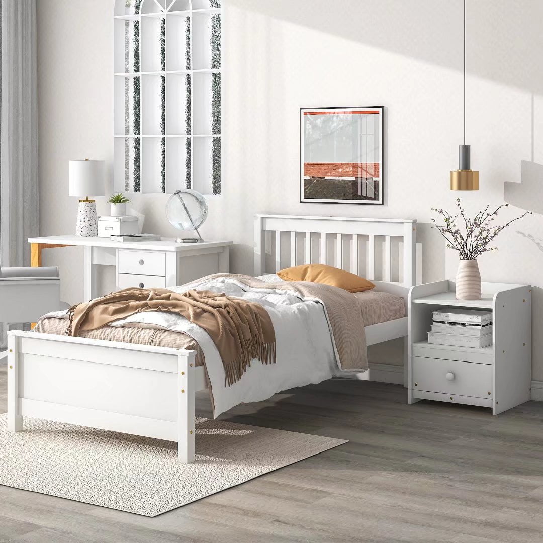 2-Pieces Bedroom Furniture Sets, Twin Size Platform Bed Frame with Headboard and Footboard, Nightstand with Storage Drawer, Wooden Bedroom Sets for Kids Teens Adults, White
