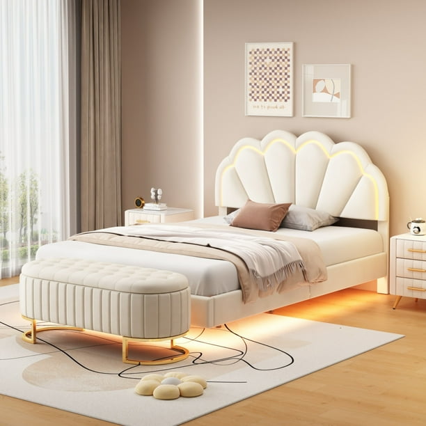 2 Pieces Bedroom Sets Full Size Upholstered LED Platform Bed Frame with Storage Ottoman Velvet Flowers Headboard Wooden Slats Support No Box Spring Needed Beige Walmart Business Supplies