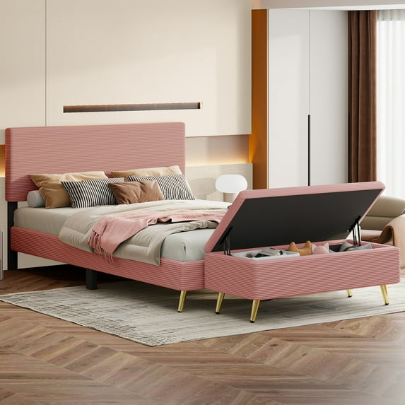 2 Pieces Bedroom Sets, Queen Size Corduroy Platform Bed with Storage Ottoman, Platform Bed with Tufted Headboard and Metal Legs, Entryway Bench Ottoman Bench for Living Room, Bedroom, Pink