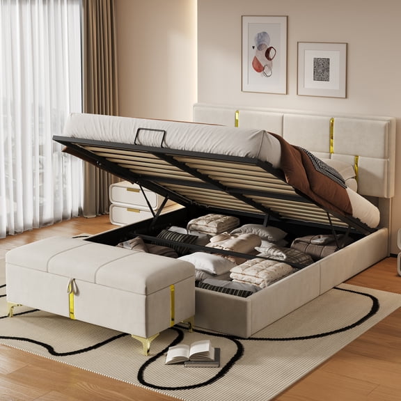 2-Pieces Bedroom Sets,Queen Size Upholstered Platform Bed with Hydraulic Storage System,