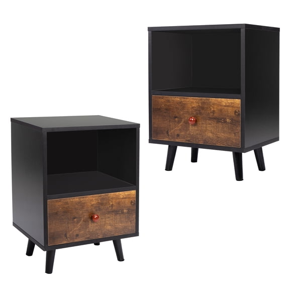 Hommoo End Table,2 Pieces Bedside Cupboard with Drawer and Short Legs, End Table with Storing Shelf, Black