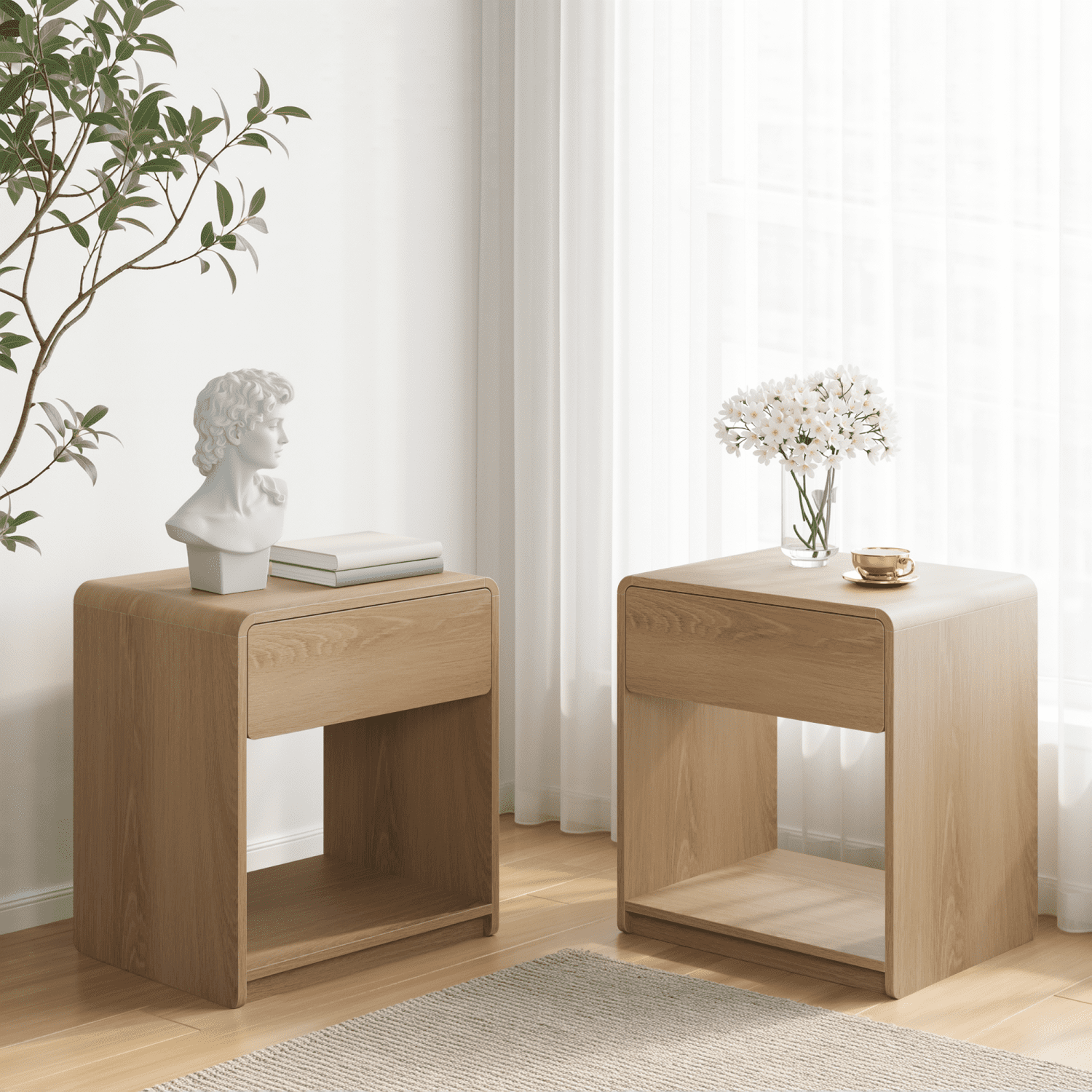 2 Pieces Bedside Table Set, With Storage Drawers And Open Shelves, Bedroom Side Table With Rounded Corners, Compact Bedside Table Set, Oak Color