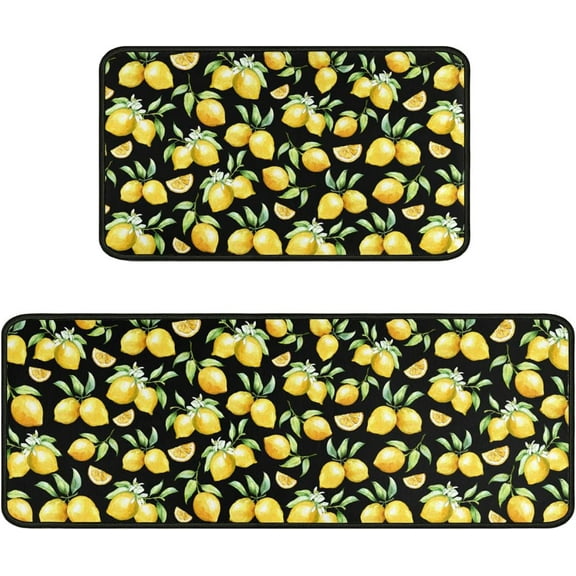 2 Pieces Black Lemon Kitchen Decor Rug Set, Washable Waterproof Non-Slip Kitchen Mats and Kitchen Sink Runner Rug, Indoor Farmhouse Style Decoration 17"x47"+17"x30"