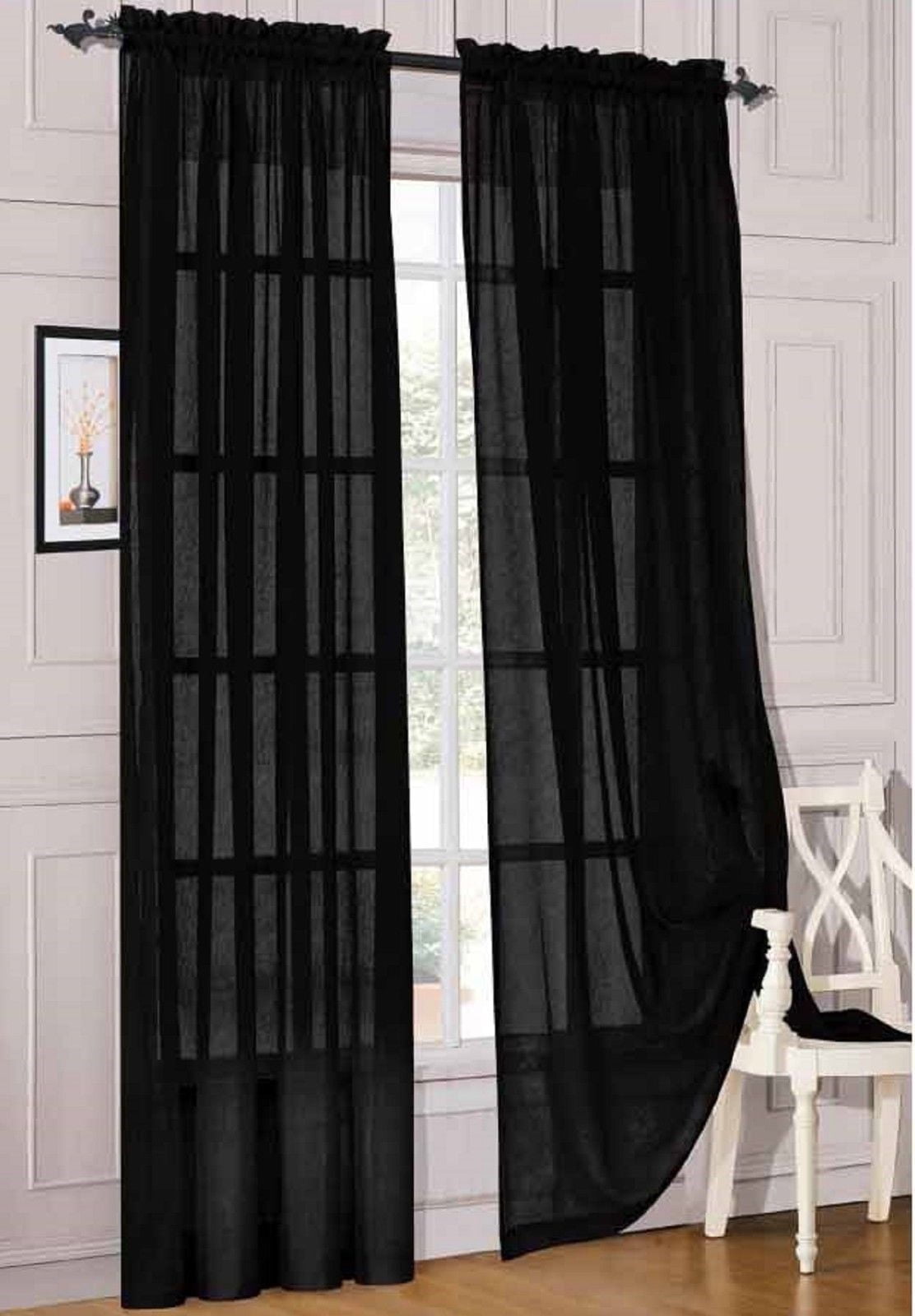 SAMIMPORT-2011 2 Pieces Black Solid Sheer Voile Window Curtain Set, Two Rod Pocket Panels 55"W x 84"L