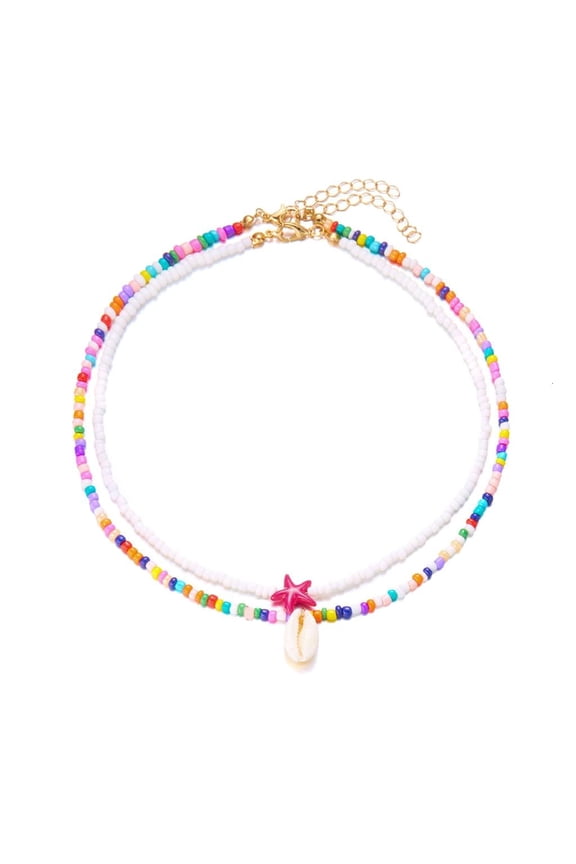2 Pieces Bohemian Double Strand Starfish Shell Beaded Pendant Necklace Jewelry