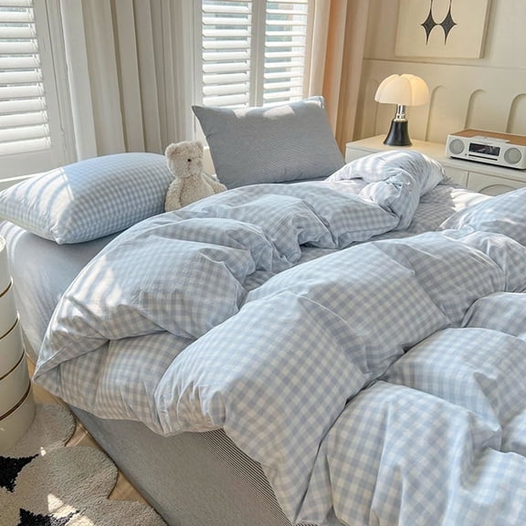2 Pieces Boho Blue Plaid Bedding Set Blue Grid Duvet Cover with Zipper Ties 100% Washed Microfiber Bedding Set Luxury Soft Breathable Durable,Twin Size