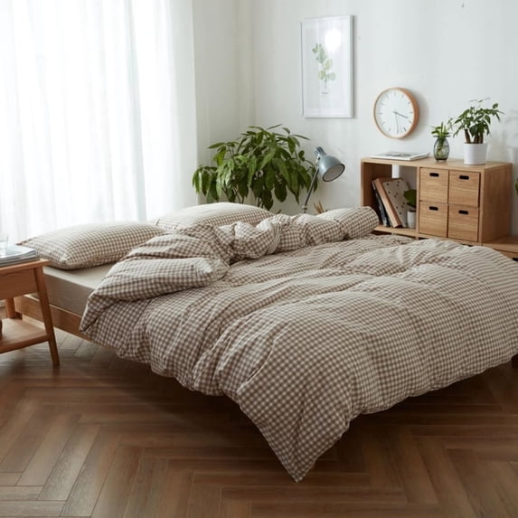2 Pieces Boho Brown Khaki Plaid Bedding Set Grid Duvet Cover with Zipper Ties 100% Washed Microfiber Bedding Set Luxury Soft Breathable Durable,Twin Size