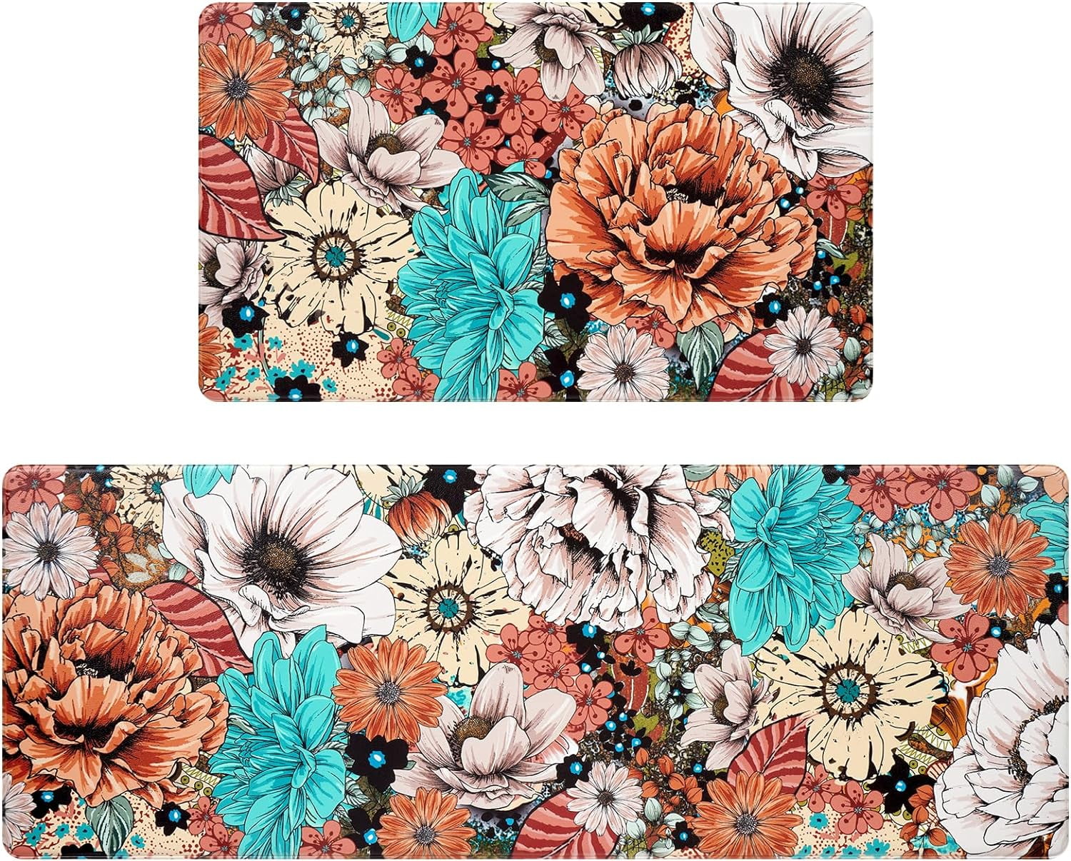 2 Pieces Boho Floral Kitchen Rugs Non Slip Washable, Farmhouse Anti