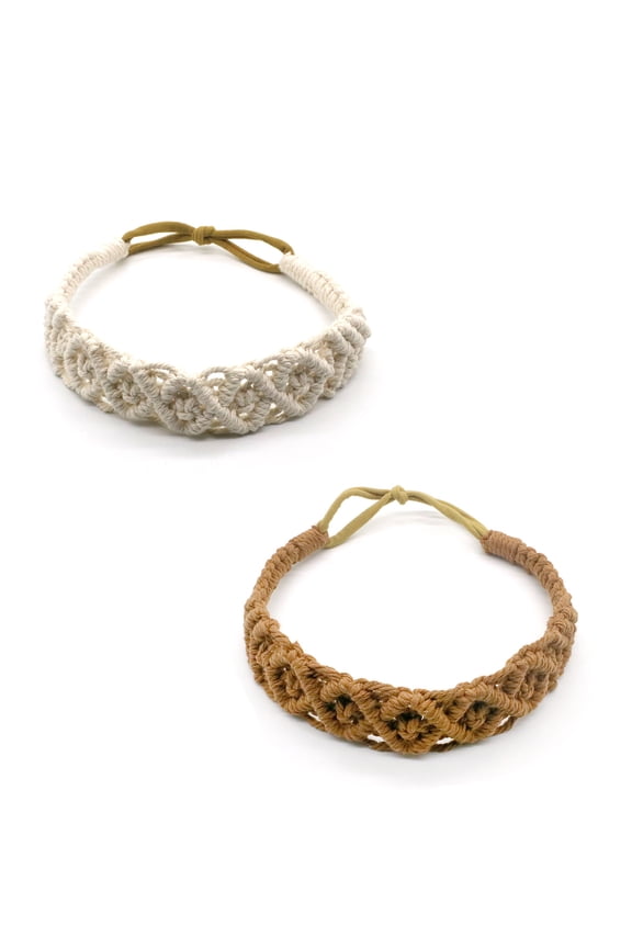 2 Pieces Boho Headband for Women Band Bohemia Headbands Vintage Ethnic Style Girls Accessories,with Elastic Cotton Rope,Beige&Caramel Color