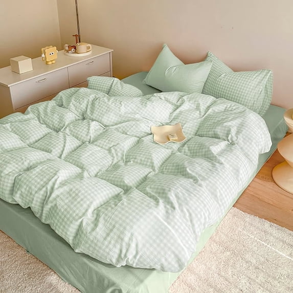2 Pieces Boho Light Green Plaid Bedding Set Grid Duvet Cover with Zipper Ties 100% Washed Microfiber Bedding Set Luxury Soft Breathable Durable,Twin Size