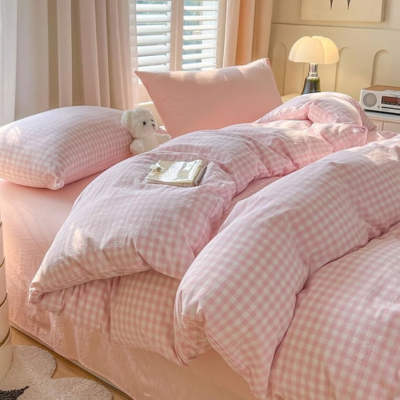 2 Pieces Boho Pink Plaid Bedding Set Pink Grid Duvet Cover with Zipper Ties 100% Washed Microfiber Bedding Set Luxury Soft Breathable Durable,Twin Size