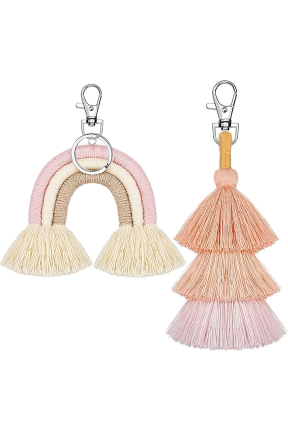 2 Pieces Boho Rainbow Keychains Pom Pom Tassel Macrame Keychains for Women