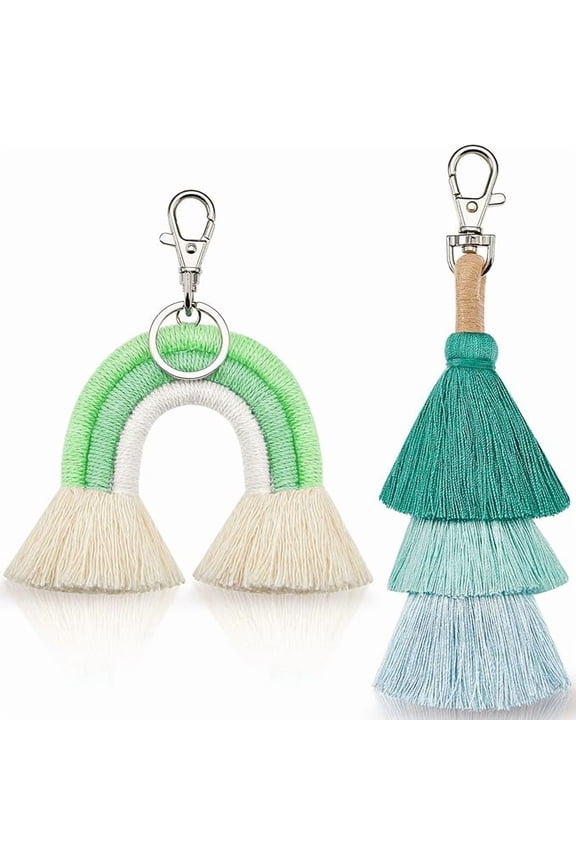 2 Pieces Boho Rainbow Keychains Pom Pom Tassel Macrame Keychains for Women