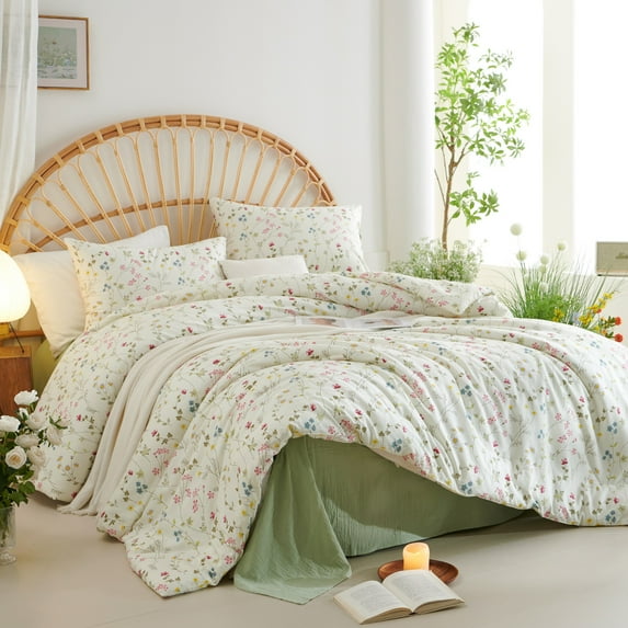 2 Pieces Botanical Floral Beige Pink Flower Floral Twin Comforter Set Vintage Style Soft Cotton Garden Floral Aesthetic Bedding Set