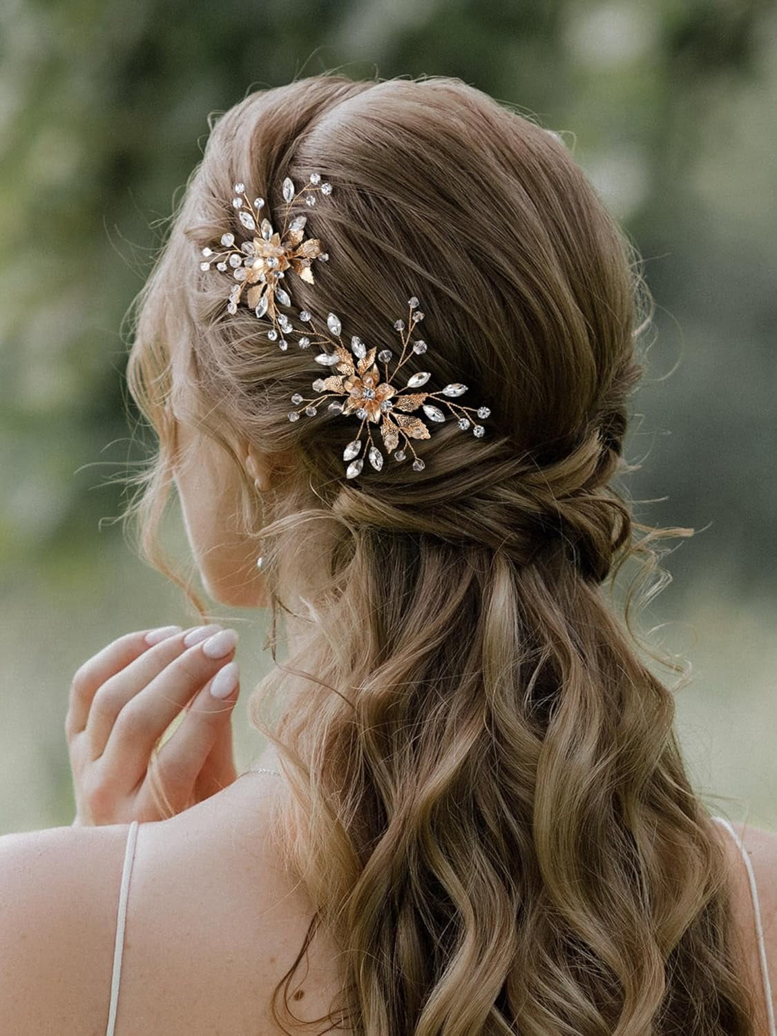 2 Pieces Bridal Wedding Hair Pins Flower Pearls Clips Crystal Headpiece  Gold Accessories Leaf Bobby Pins Jewelry for Bridesmaids Party Piece Women  and ..., image size:1125x1500