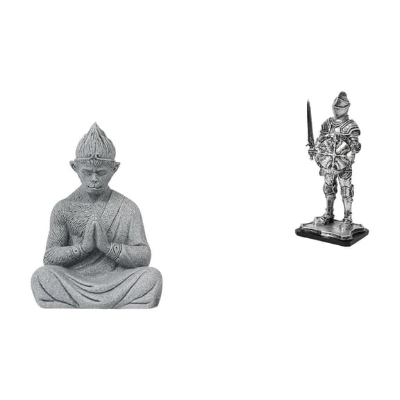 2 Pieces Buddha Monkey Knight Figurine Sculpture Resin Construction for Home Office Patio Meditation Space