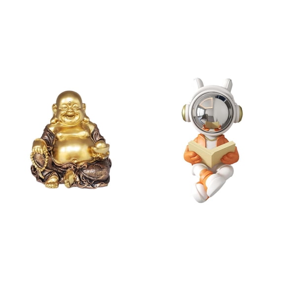 2 Pieces Buddha Statue Astronaut Sculpture Feng Shui Resin Material Home Office Table Decor Ornament