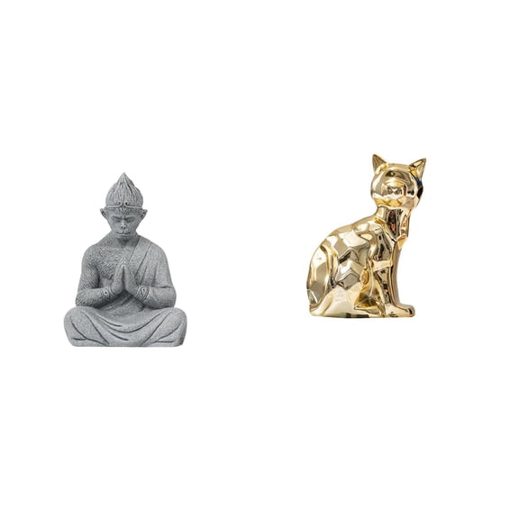 2 Pieces Buddha Statue Cat Sculpture Monkey Figurine Sandstone Ceramic Material for Living Room Garden Home Use