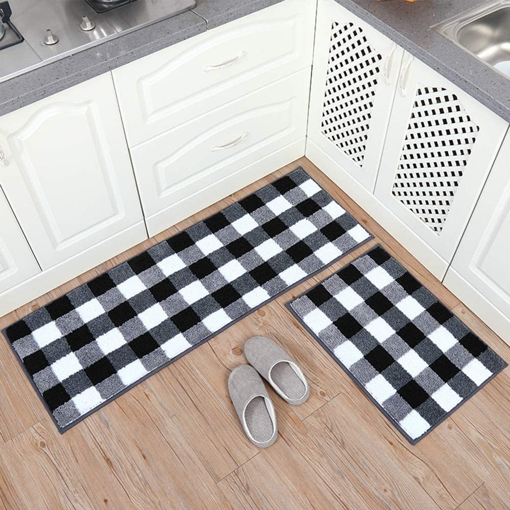2 Pieces Buffalo Plaid Check Rug Set Water Absorb Microfiber Non-Slip Kitchen Rug Bathroom Mat Checkered Doormat Carpet for Laundry 17"x48"+17"x24", Black and White