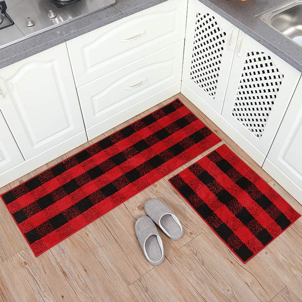 2 Pieces Buffalo Plaid Check Rug Set Water Absorb NonSlip Kitchen Rug Bathroom Mat Checkered