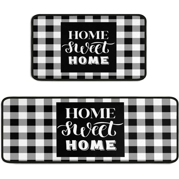 2 Pieces Buffalo Plaid Kitchen Rugs Set Farmhouse Decor Kitchen Mat Black and White Rug, Water Absorb Microfiber Kitchen Rug Checkered Rug for Kitchen,17"x47"+17" x30"