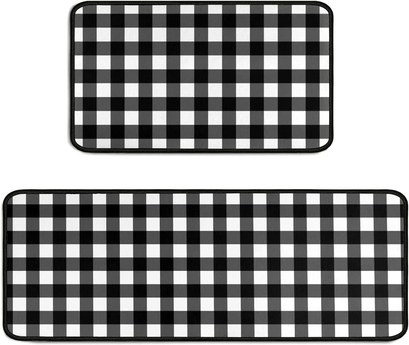 2 Pieces Buffalo Plaid Kitchen Rugs Set Farmhouse Decor Kitchen Mat Black and White Rug, Water Absorb Microfiber Washable Runner Rugs Decoration Checkered Mats,17"x 47"+17" x 30"