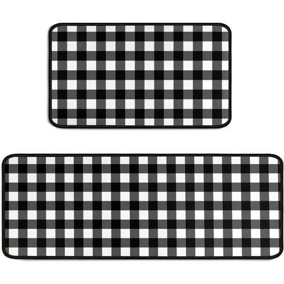 2 Pieces Buffalo Plaid Kitchen Rugs Set Farmhouse Decor Kitchen Mat Black and White Rug, Water Absorb Microfiber Washable Runner Rugs Decoration Checkered Mats,17"x 47"+17" x 30"