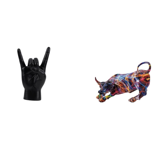 2 Pieces Bull Figurine Rock Hand Gesture Statue Resin Artwork Hand Painted Creative Table Ornament for Office