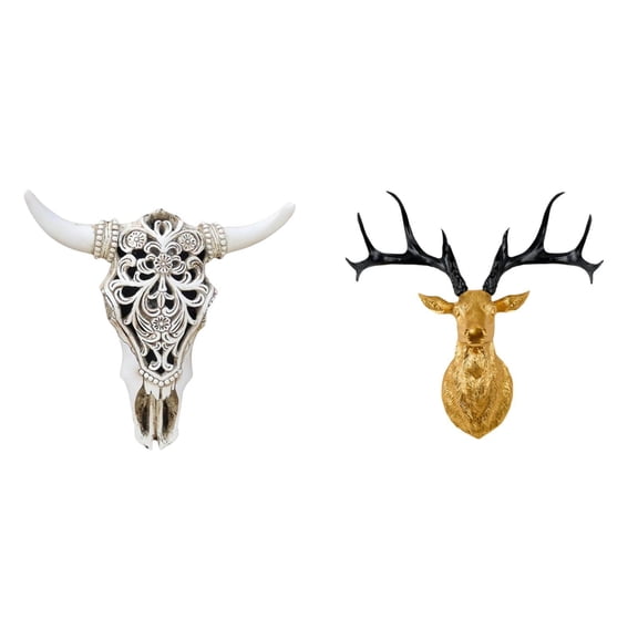 2 Pieces Bull Skull Deer Head Wall Sculpture Resin Material Animal Artwork for Living Room Office Bedroom Decor