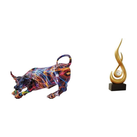 2 Pieces Bull Statue Resin Abstract Fire Figurine Handmade Artistic Tabletop Decor for Study Entryway Living Room