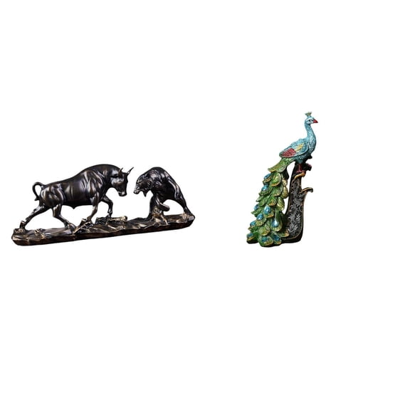 2 Pieces Bull and Bear Fight Figurine Peacock Statue Desktop Sculpture Resin Craft Decoration for Collector Home Office