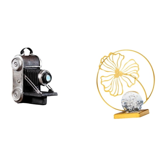 2 Pieces Camera Statue Leaf Figurine Model Resin Iron Craft Decorative Prop for Studio Cafe Bookshelf Family Office Desk