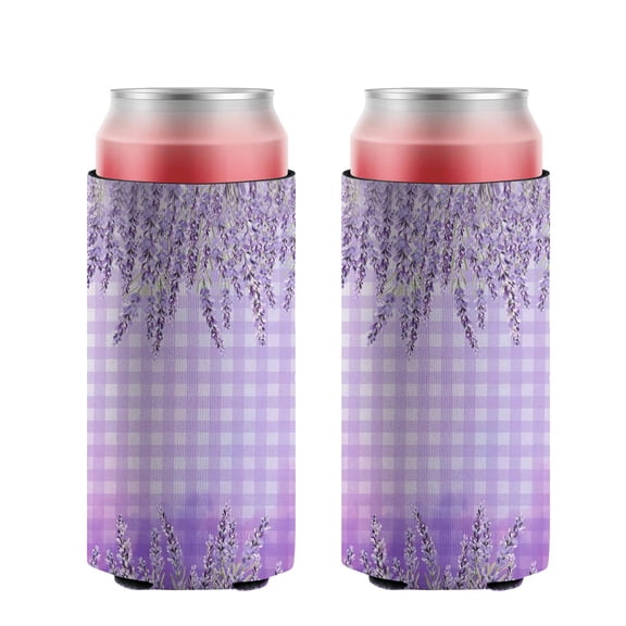 2 Pieces Can Cooler Sleeves Insulated Collapsible Beer Can Sleeve Lavender Purple Plaid Soda Beer Can Covers for Energy Drink & Beer
