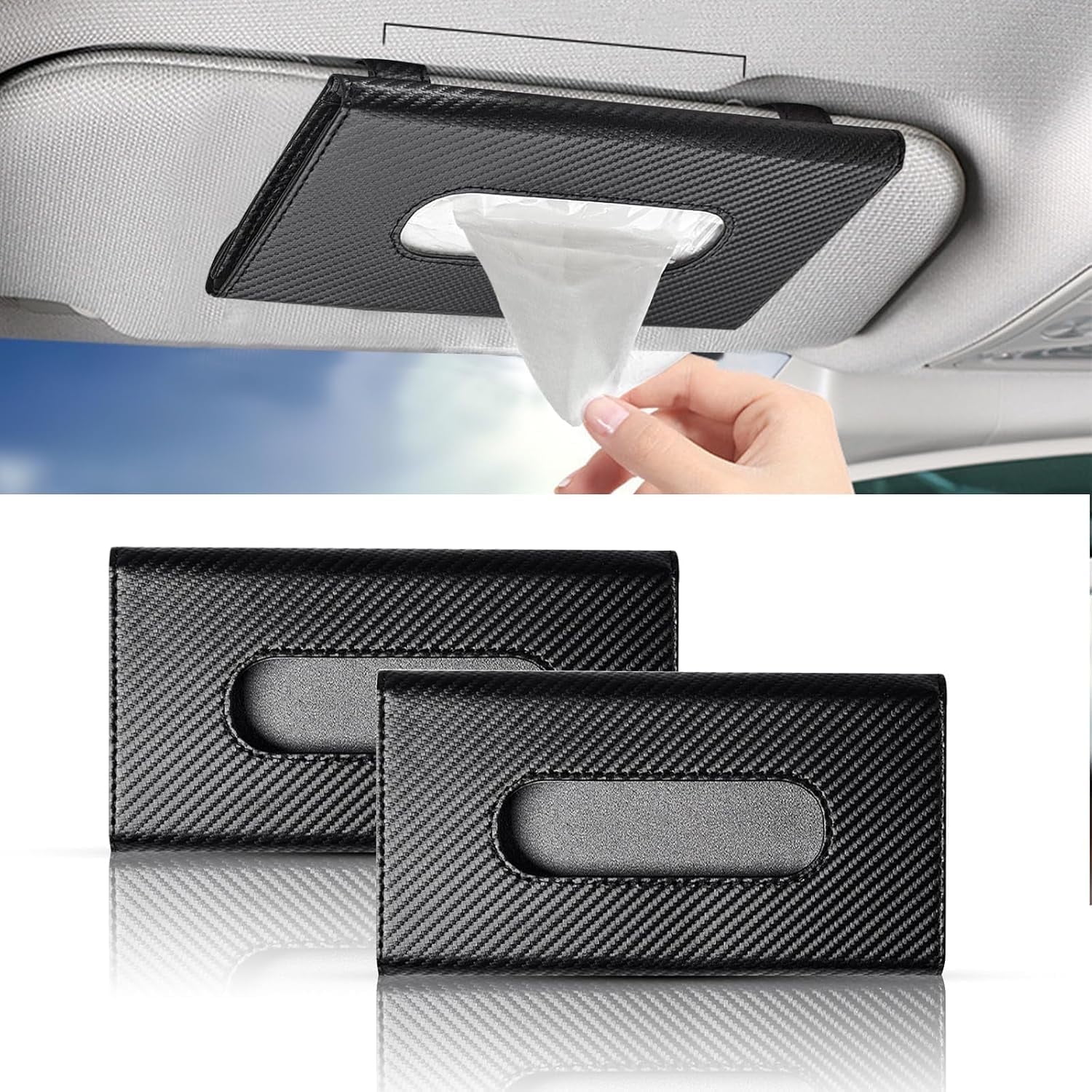 2 Pieces Car Tissue Holder, Car Sun Visor Napkin Holders, PU Carbon Fiber Texture Leather Backseat Tissue Box Holder for Car/Truck Car Accessories(Black)