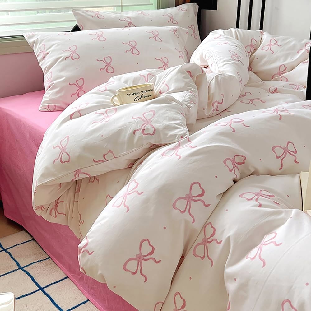 2 Pieces Cartoon Bowknot Duvet Cover Set Pink Bow Tie Knot on White Princess Bedding Set Soft Home Cozy and Breathable Comforter Cover Set,Twin Size