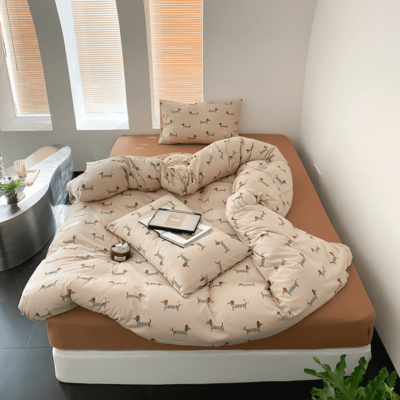 2 Pieces Cartoon Duvet Cover Sets Cute Dachshund Dog Animal Patterned Brown Duvet Cover Ultra Soft Breathable Cute Bedding Set Zipper Closure,Twin Size