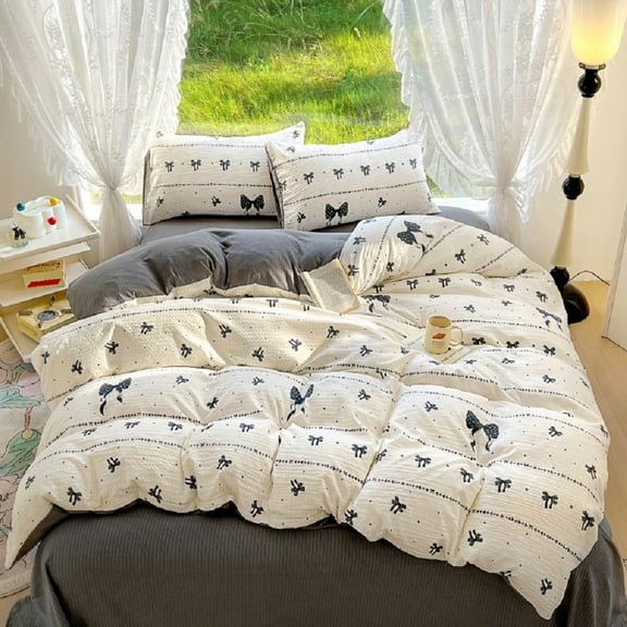 2 Pieces Cartoon Gray Bowknot Pattern Twin Duvet Cover Comforter Cover Set Girls Teens Gentle Lightweight Duvet Protector