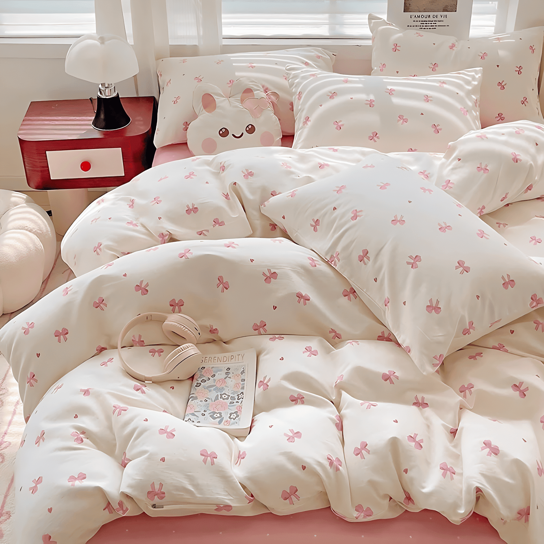 2 Pieces Cartoon Pink Bowknot Pattern on White Duvet Cover Set Boys Girls Teens Gentle Soft Home Cozy and Breathable Bedding Set,Twin Size