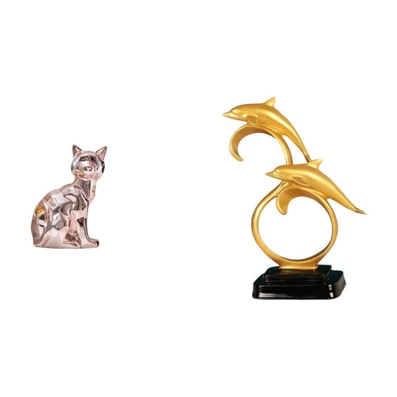 2 Pieces Cat Dolphin Sculpture Ceramic Material Lifelike Desktop Ornament for Home Office Bookshelf Display