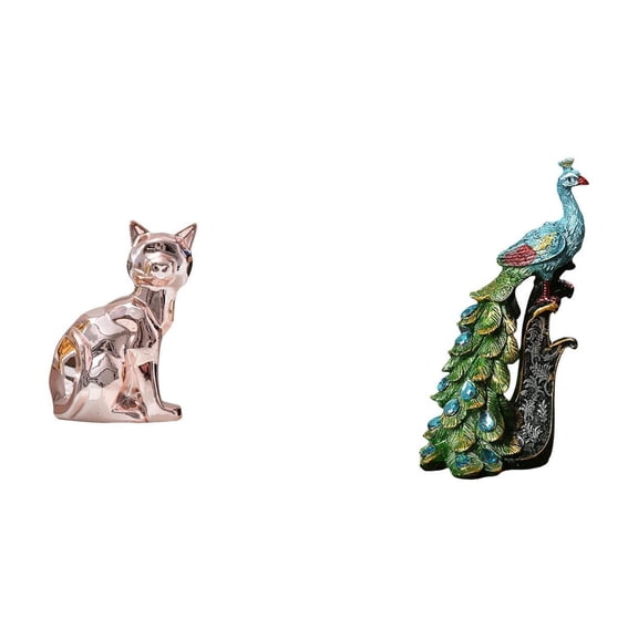 2 Pieces Cat Peacock Statue Decorative Shelf Art Unique Resin Ceramic Tabletop for Bedroom Office Living Room