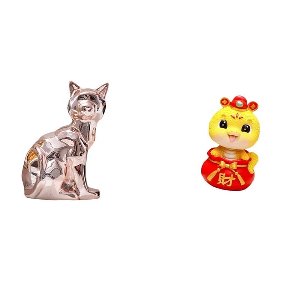 2 Pieces Cat Snake Figurine Sculpture Ceramic Material for Home Office Desk Fireplace Decoration