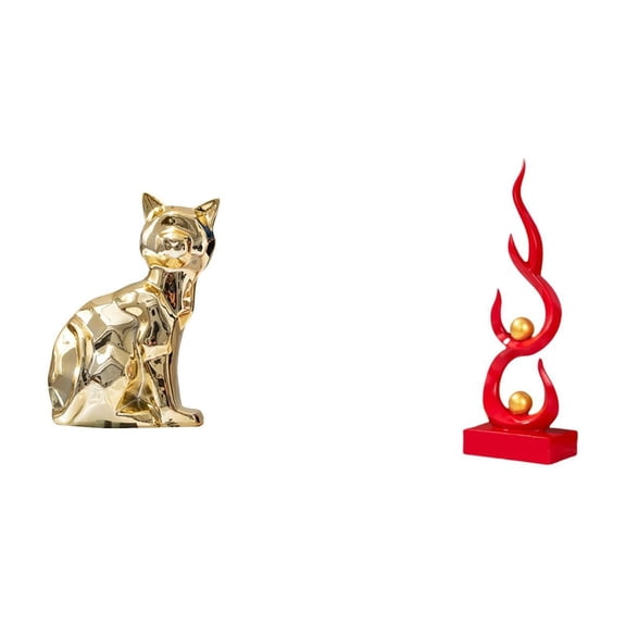 2 Pieces Cat Statue Abstract Fire Sculpture Desktop Figurine Ceramic Material for Office Home Decoration