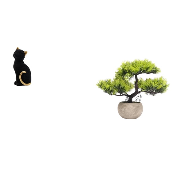 2 Pieces Cat Statue Bonsai Tree Desktop Figurine Resin Material Modern Home Office Living Room Shelf Decor