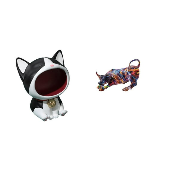 2 Pieces Cat Statue Bull Figurine Desktop Resin Ornament Hand Painted Finish for Living Room Table Home Decor