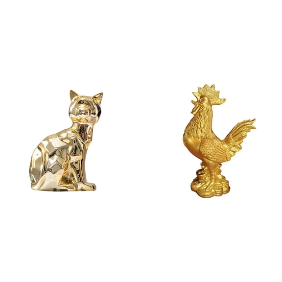 2 Pieces Cat Statue Chicken Figurine Rooster Sculpture Ceramic Resin Material for Office Shelf Decor
