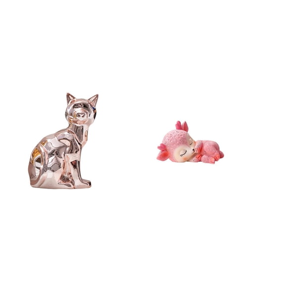 2 Pieces Cat Statue Deer Sculpture Desktop Figurine Ceramic Resin Art Ornament for Home Shelf Office Decoration